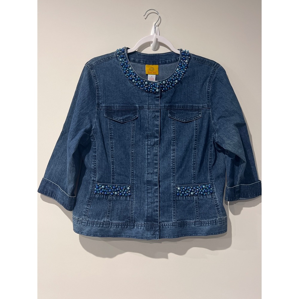 Ruby Rd Women's Blue Denim Embellished Pearl Beaded Jacket Size 14 Medium Wash